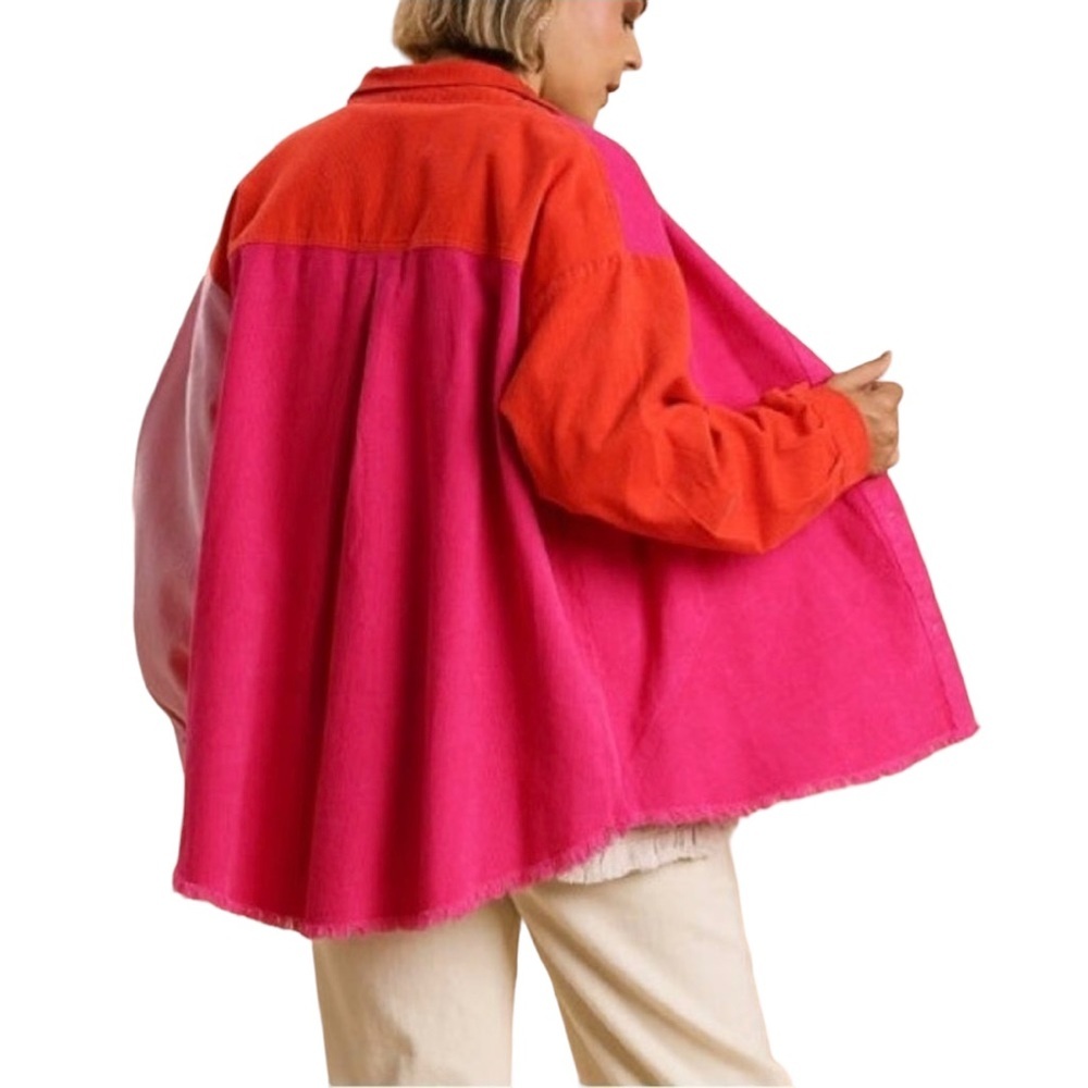 UMGEE Size L Colorblock Pink‎ Orange Corduroy Shacket Shirt Jacket - Picture 4 of 12